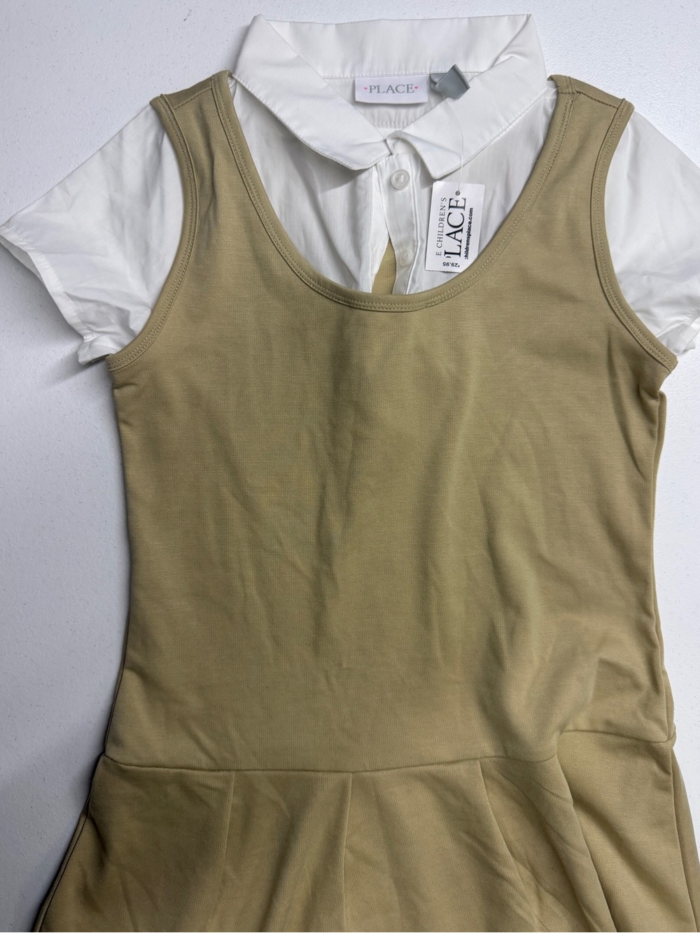 The Children’s Place Girls Layered Collared Dress Olive White Size 10/12 NWT